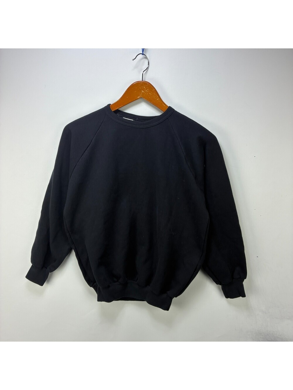 Vintage 80s Faded Blank Black Raglan Crewneck Sweatshirt S